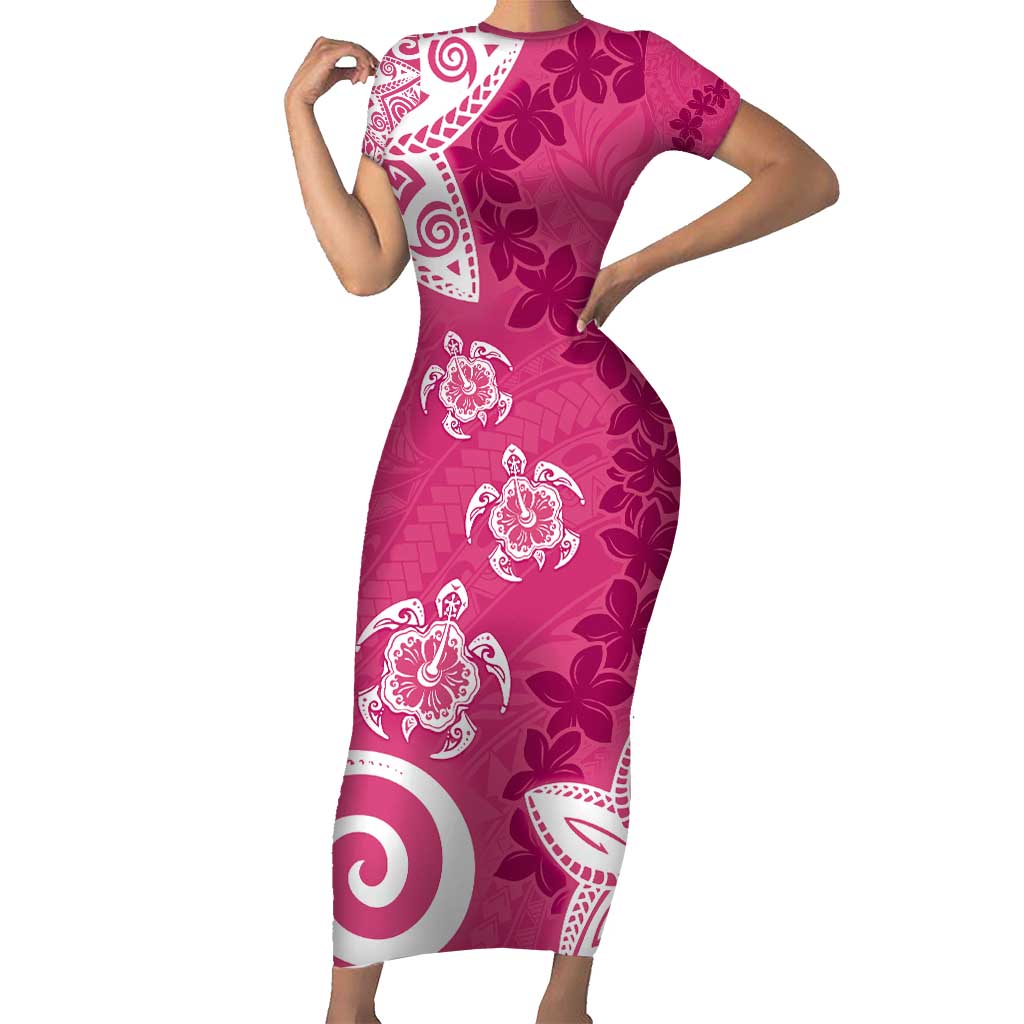 Polynesia Family Matching Short Sleeve Bodycon Dress and Hawaiian Shirt Pink Tribal Turtle Floral Pattern