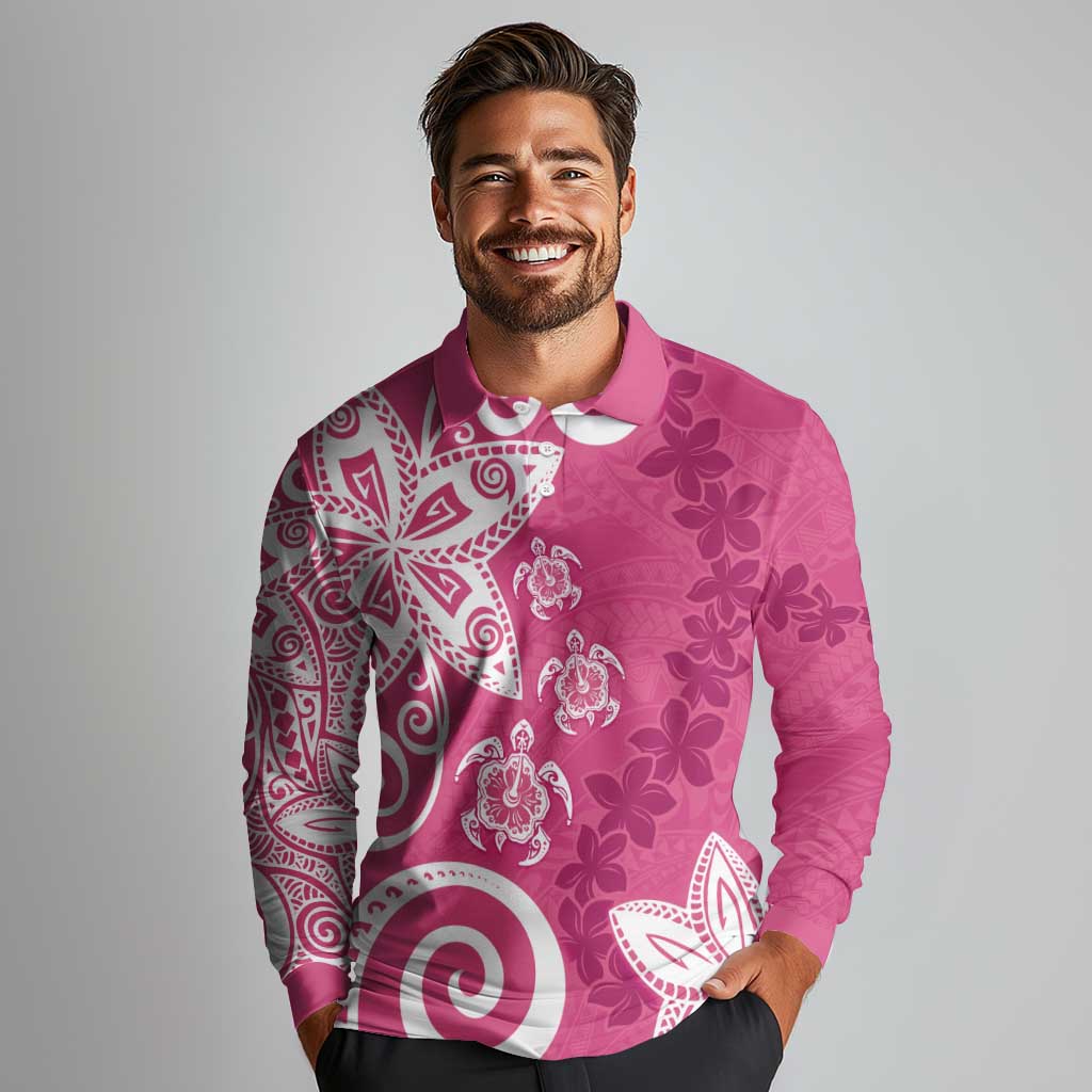 Polynesia Long Sleeve Polo Shirt Pink Tribal Turtle Floral Pattern