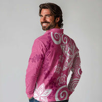 Polynesia Long Sleeve Polo Shirt Pink Tribal Turtle Floral Pattern