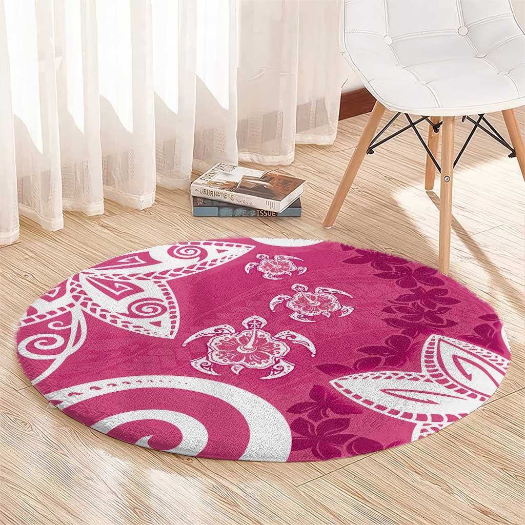 Polynesia Round Carpet Pink Tribal Turtle Floral Pattern