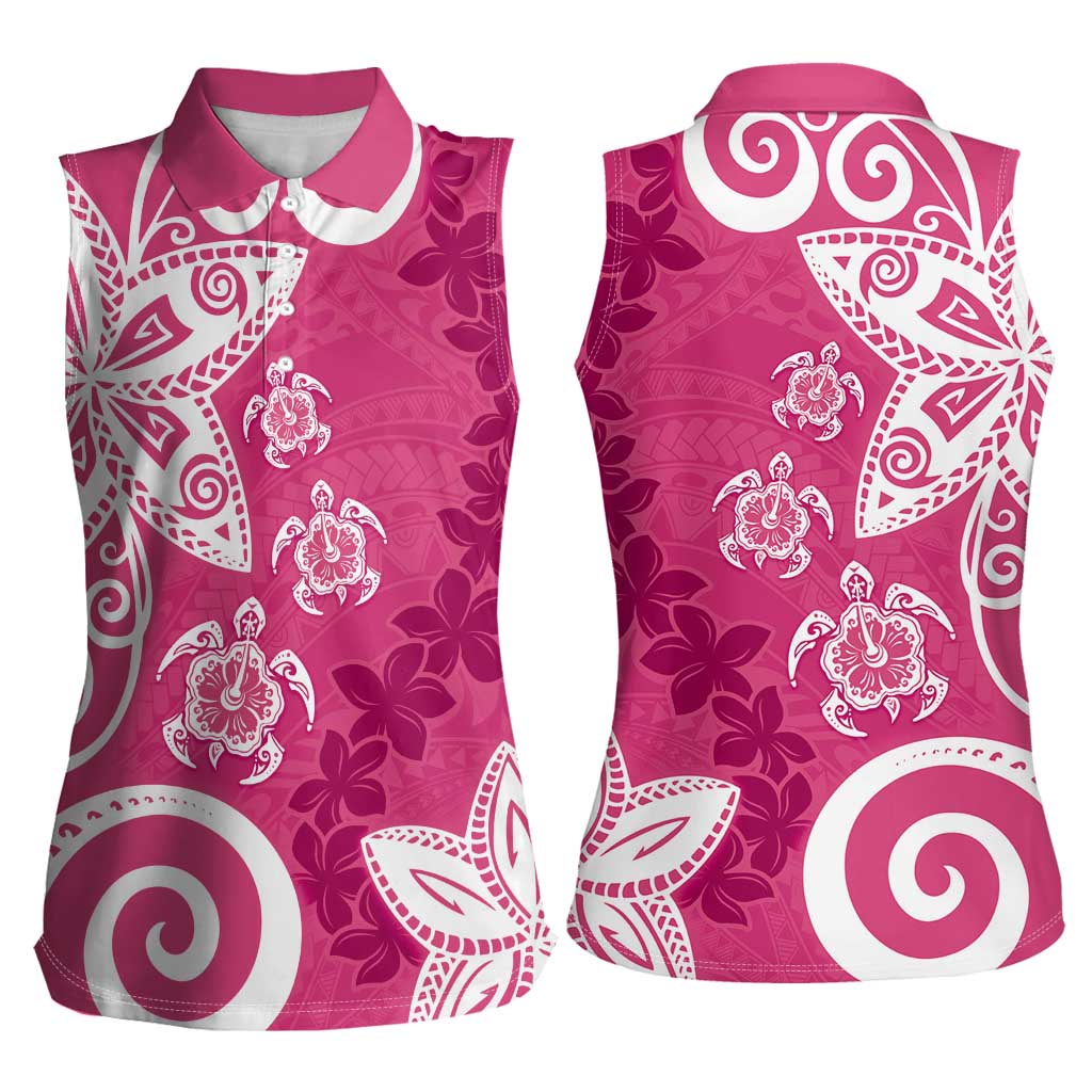 Polynesia Women Sleeveless Polo Shirt Pink Tribal Turtle Floral Pattern