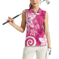 Polynesia Women Sleeveless Polo Shirt Pink Tribal Turtle Floral Pattern