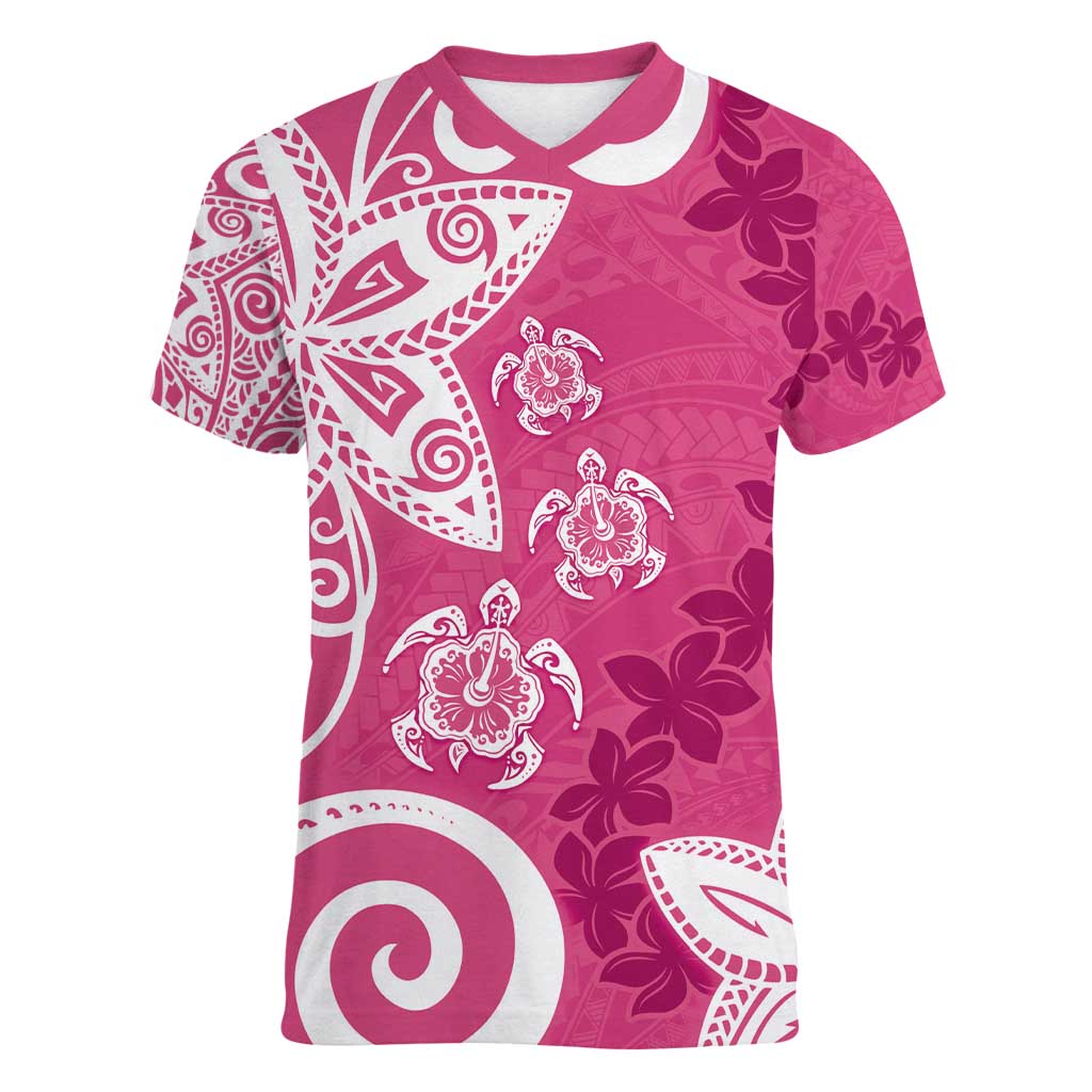 Polynesia Women V-Neck T-Shirt Pink Tribal Turtle Floral Pattern