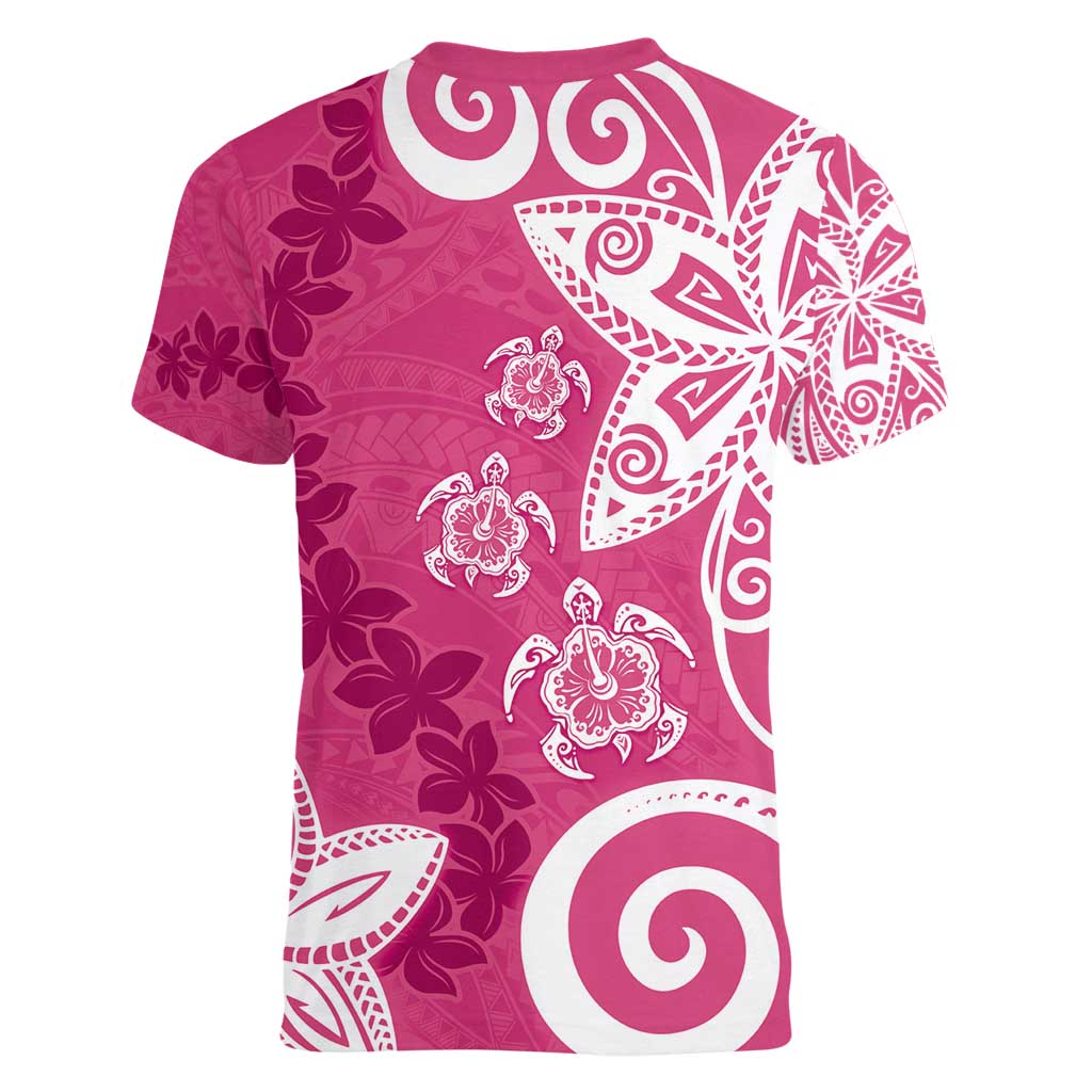 Polynesia Women V-Neck T-Shirt Pink Tribal Turtle Floral Pattern