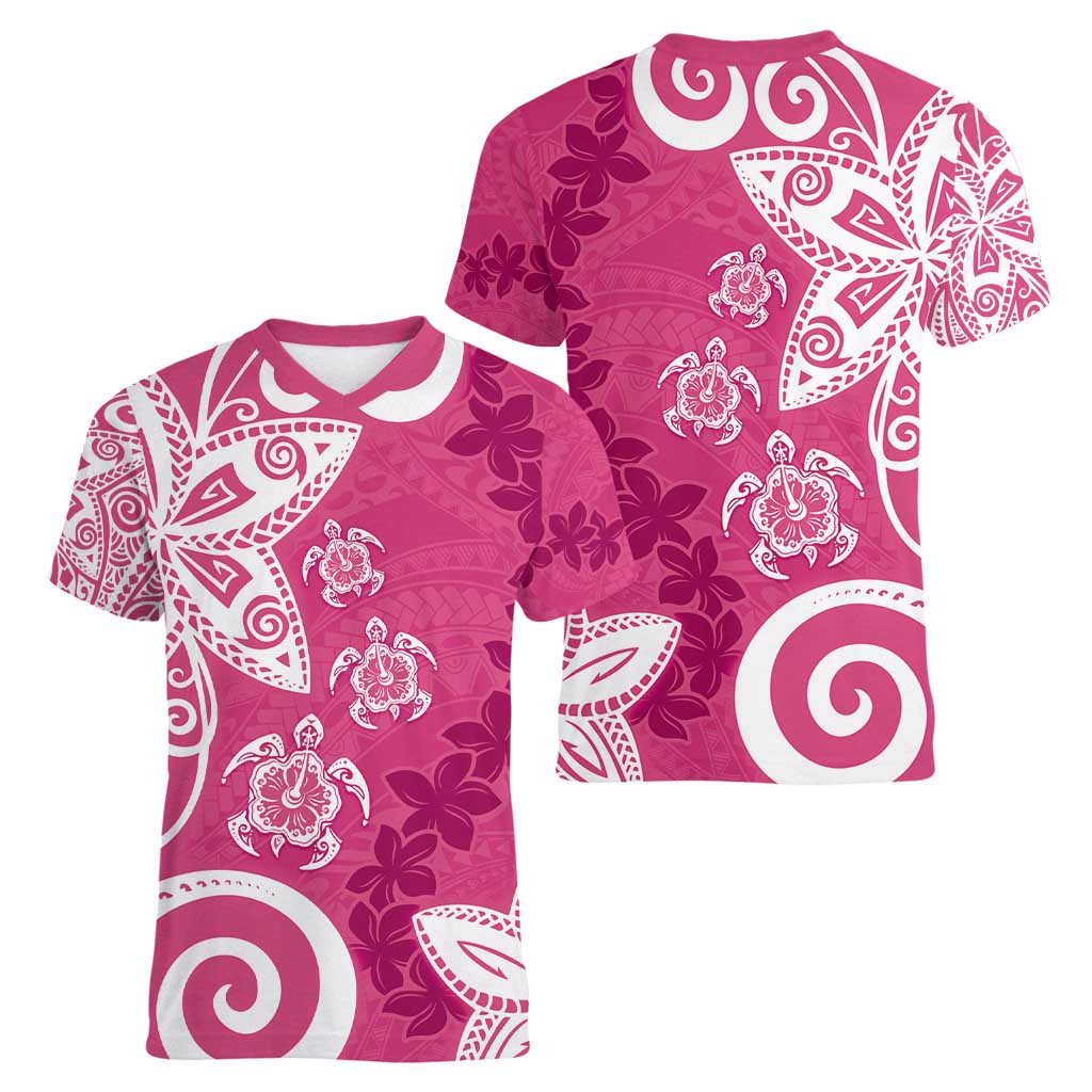 Polynesia Women V-Neck T-Shirt Pink Tribal Turtle Floral Pattern