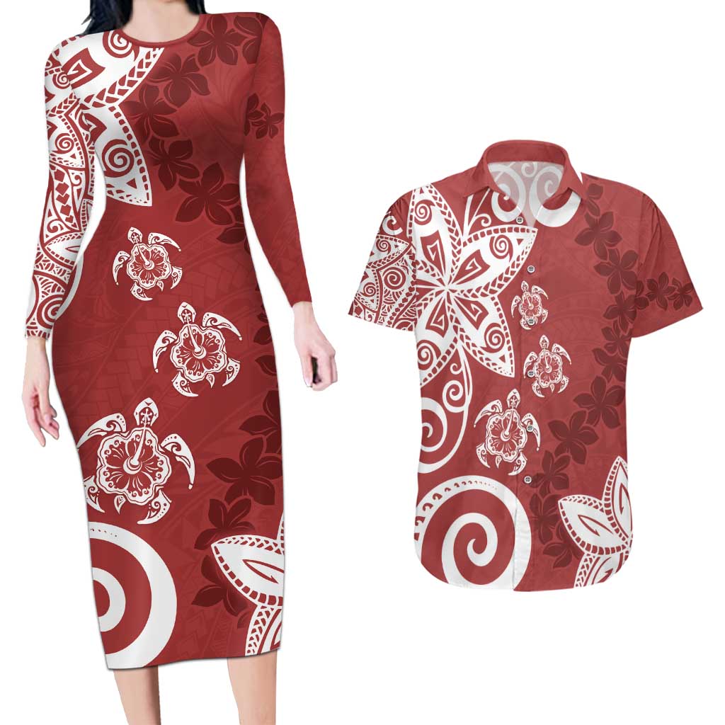 Polynesia Couples Matching Long Sleeve Bodycon Dress and Hawaiian Shirt Red Tribal Turtle Floral Pattern LT05 Red - Polynesian Pride