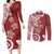 Polynesia Couples Matching Long Sleeve Bodycon Dress and Long Sleeve Button Shirt Red Tribal Turtle Floral Pattern