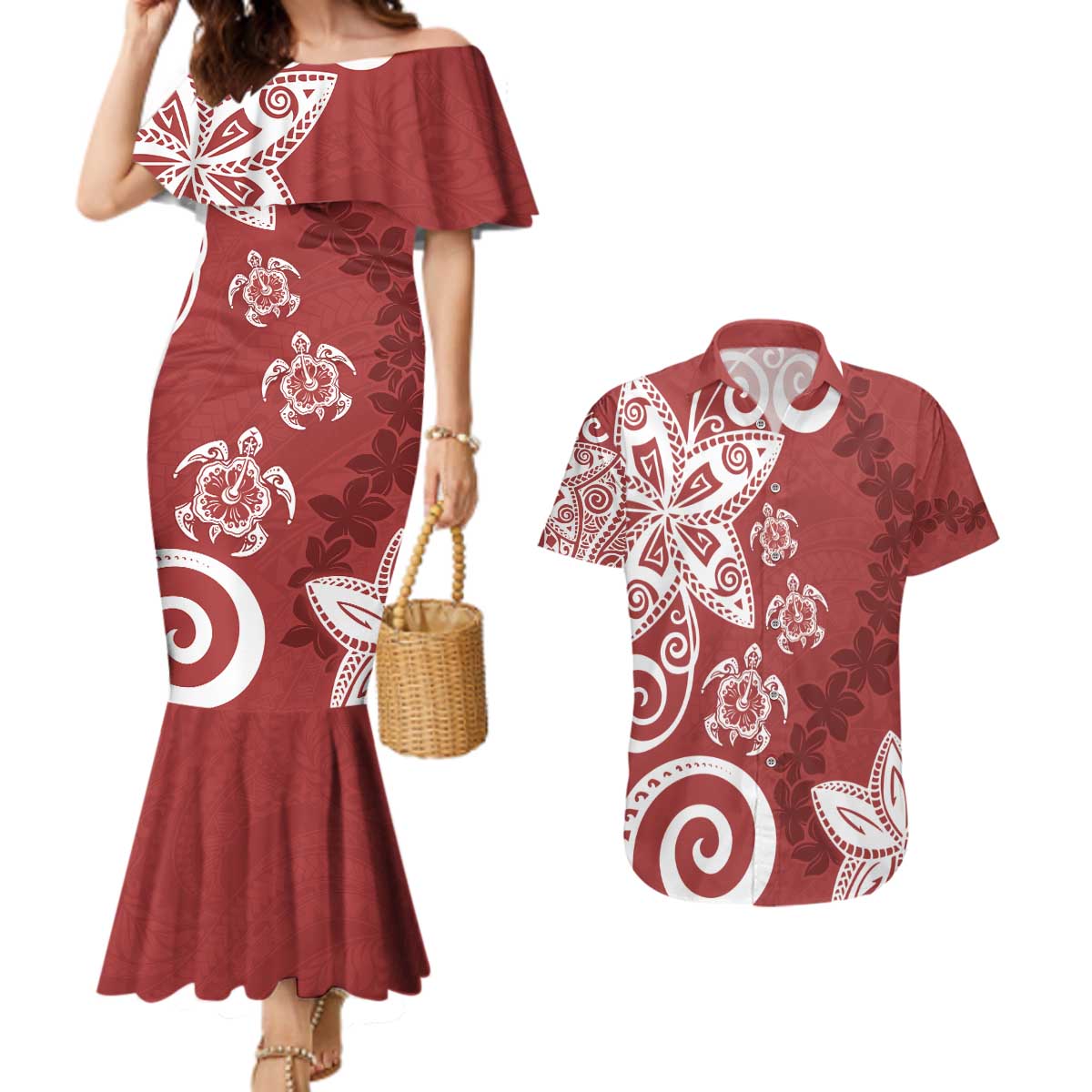 Polynesia Couples Matching Mermaid Dress and Hawaiian Shirt Red Tribal Turtle Floral Pattern LT05 Red - Polynesian Pride