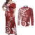 Polynesia Couples Matching Off Shoulder Maxi Dress and Long Sleeve Button Shirt Red Tribal Turtle Floral Pattern