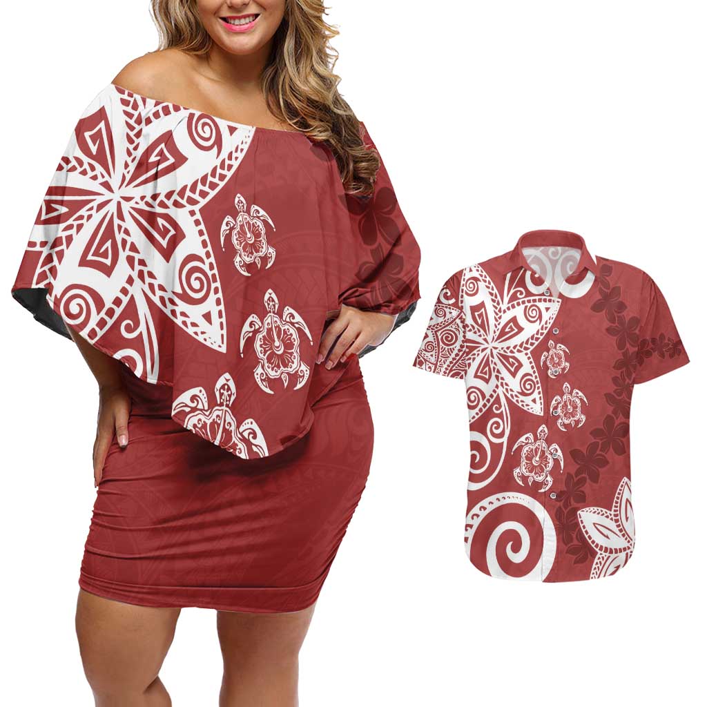 Polynesia Couples Matching Off Shoulder Short Dress and Hawaiian Shirt Red Tribal Turtle Floral Pattern LT05 Red - Polynesian Pride