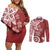 Polynesia Couples Matching Off Shoulder Short Dress and Long Sleeve Button Shirt Red Tribal Turtle Floral Pattern