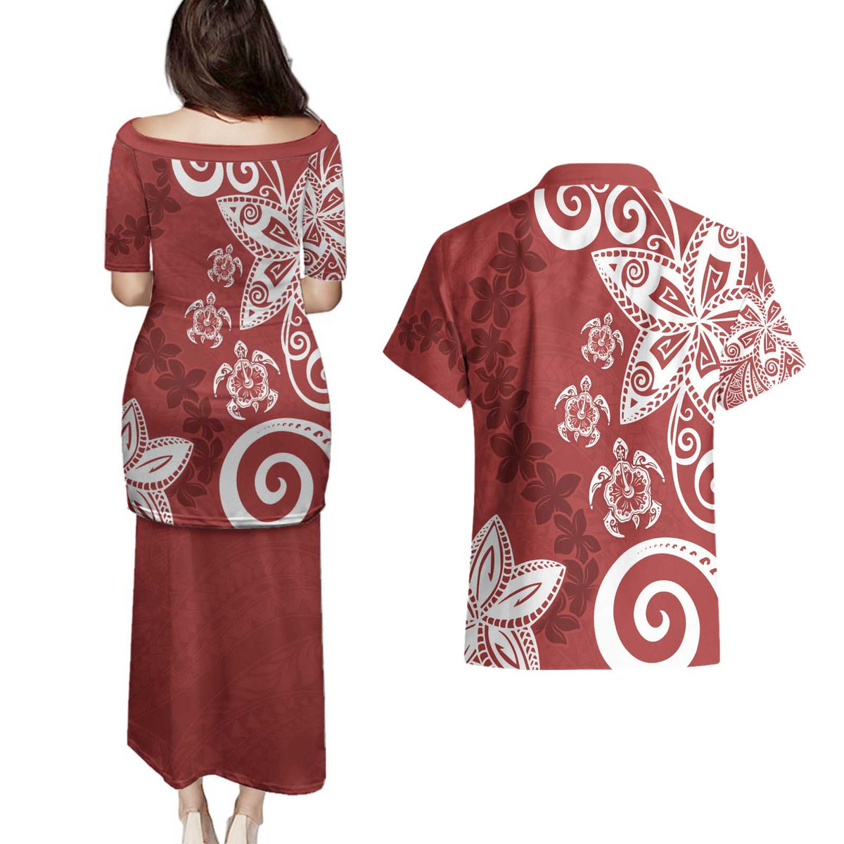 Polynesia Couples Matching Puletasi and Hawaiian Shirt Red Tribal Turtle Floral Pattern