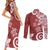 Polynesia Couples Matching Short Sleeve Bodycon Dress and Long Sleeve Button Shirt Red Tribal Turtle Floral Pattern
