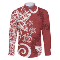Polynesia Family Matching Long Sleeve Bodycon Dress and Hawaiian Shirt Red Tribal Turtle Floral Pattern LT05 Dad's Shirt - Long Sleeve Red - Polynesian Pride