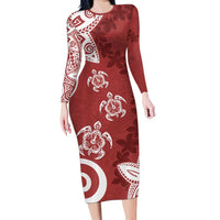 Polynesia Family Matching Long Sleeve Bodycon Dress and Hawaiian Shirt Red Tribal Turtle Floral Pattern LT05 Mom's Dress Red - Polynesian Pride