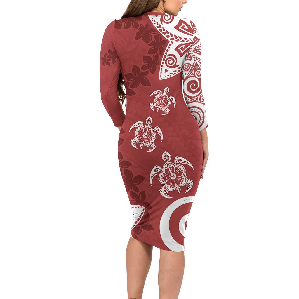 Polynesia Family Matching Long Sleeve Bodycon Dress and Hawaiian Shirt Red Tribal Turtle Floral Pattern LT05 - Polynesian Pride