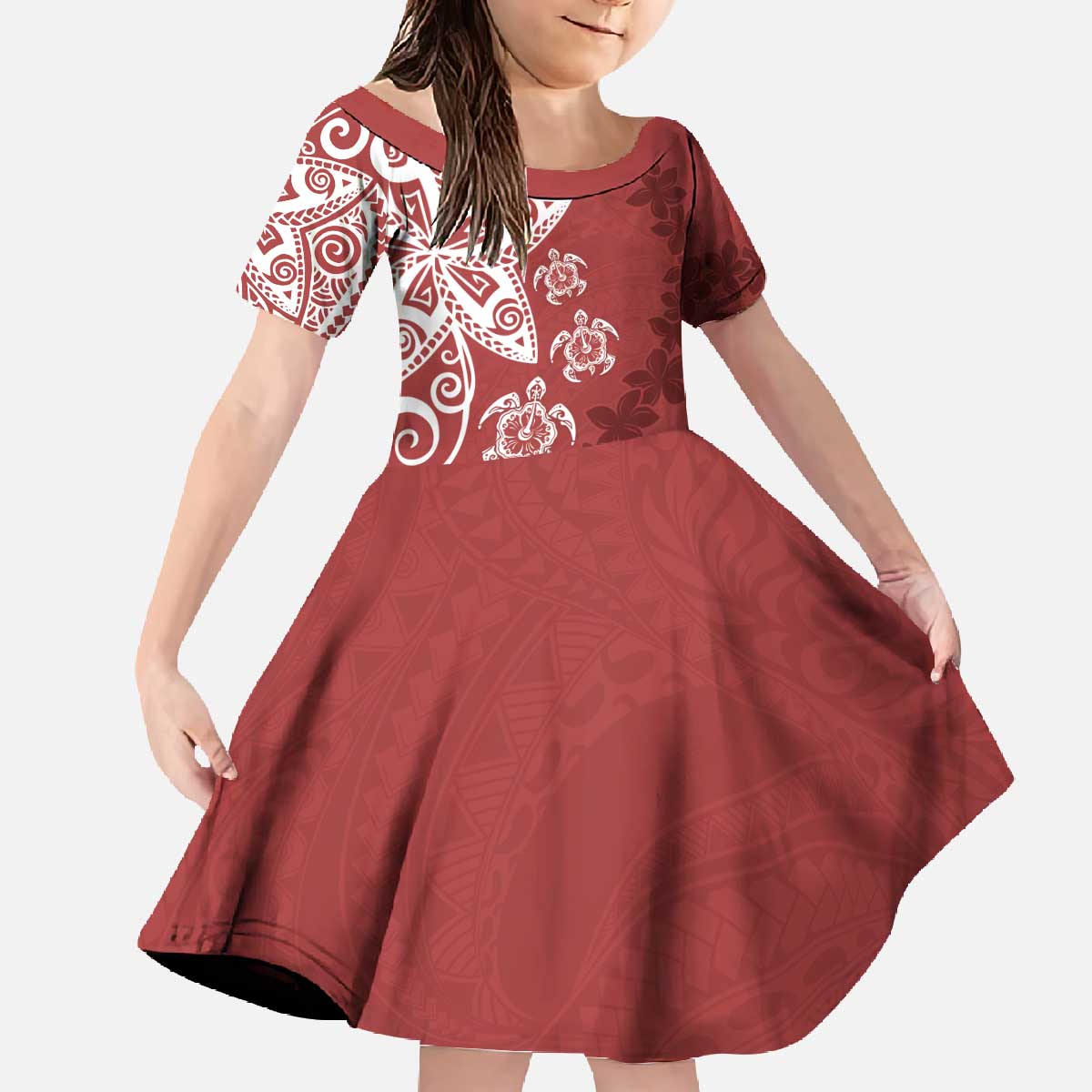 Polynesia Family Matching Off The Shoulder Long Sleeve Dress and Hawaiian Shirt Red Tribal Turtle Floral Pattern