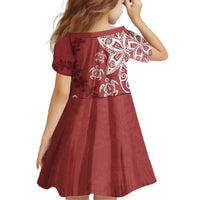 Polynesia Family Matching Off The Shoulder Long Sleeve Dress and Hawaiian Shirt Red Tribal Turtle Floral Pattern