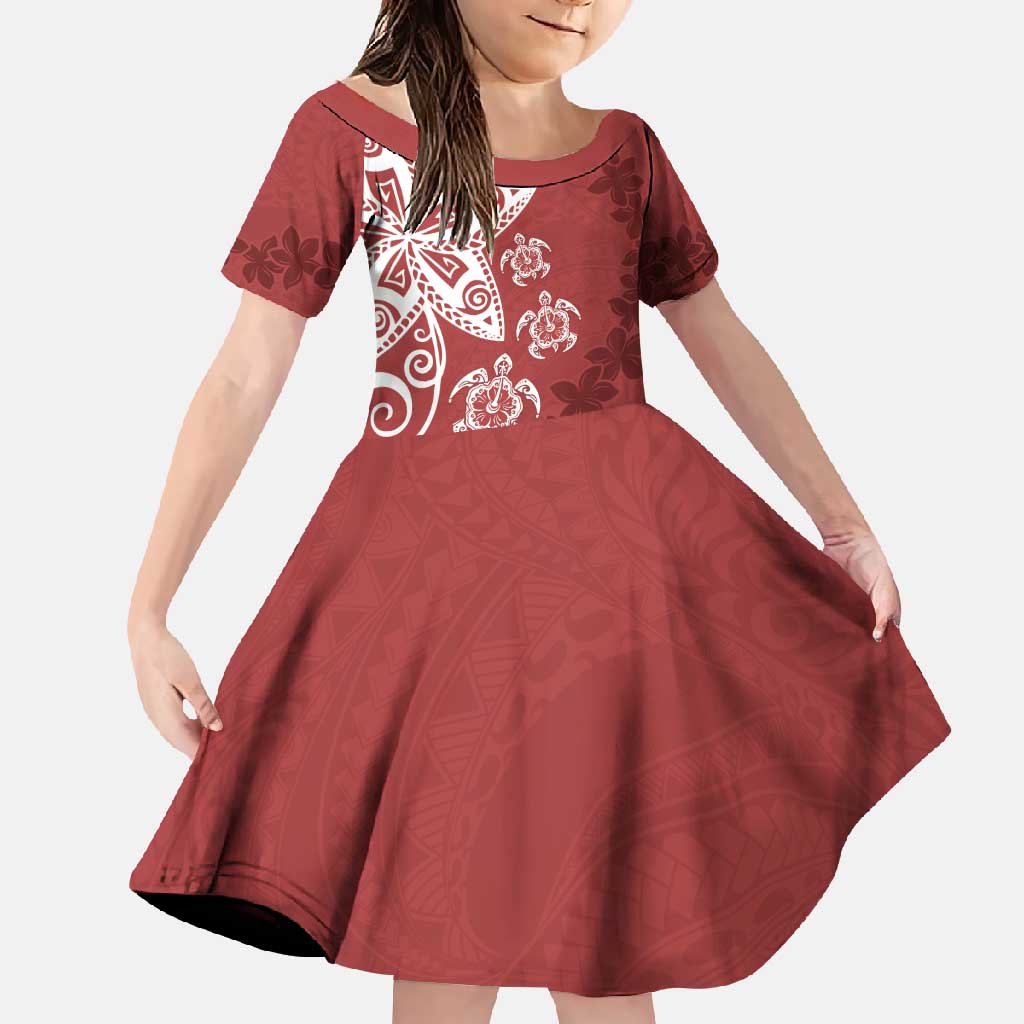 Polynesia Family Matching Off Shoulder Maxi Dress and Hawaiian Shirt Red Tribal Turtle Floral Pattern
