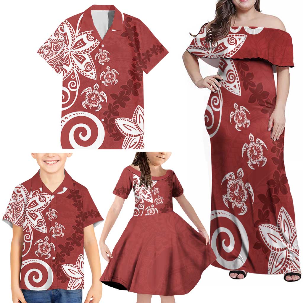Polynesia Family Matching Off Shoulder Maxi Dress and Hawaiian Shirt Red Tribal Turtle Floral Pattern LT05 - Polynesian Pride