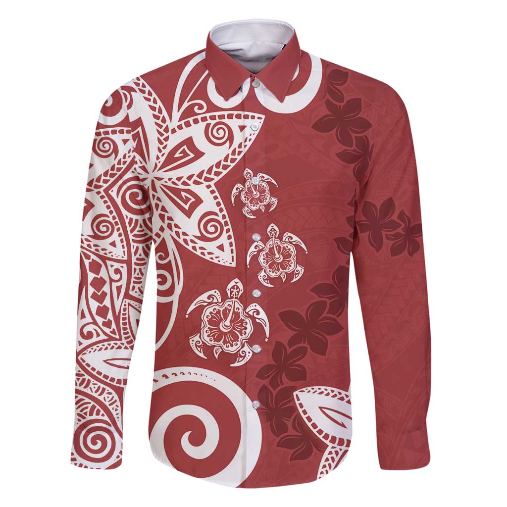 Polynesia Family Matching Off Shoulder Maxi Dress and Hawaiian Shirt Red Tribal Turtle Floral Pattern