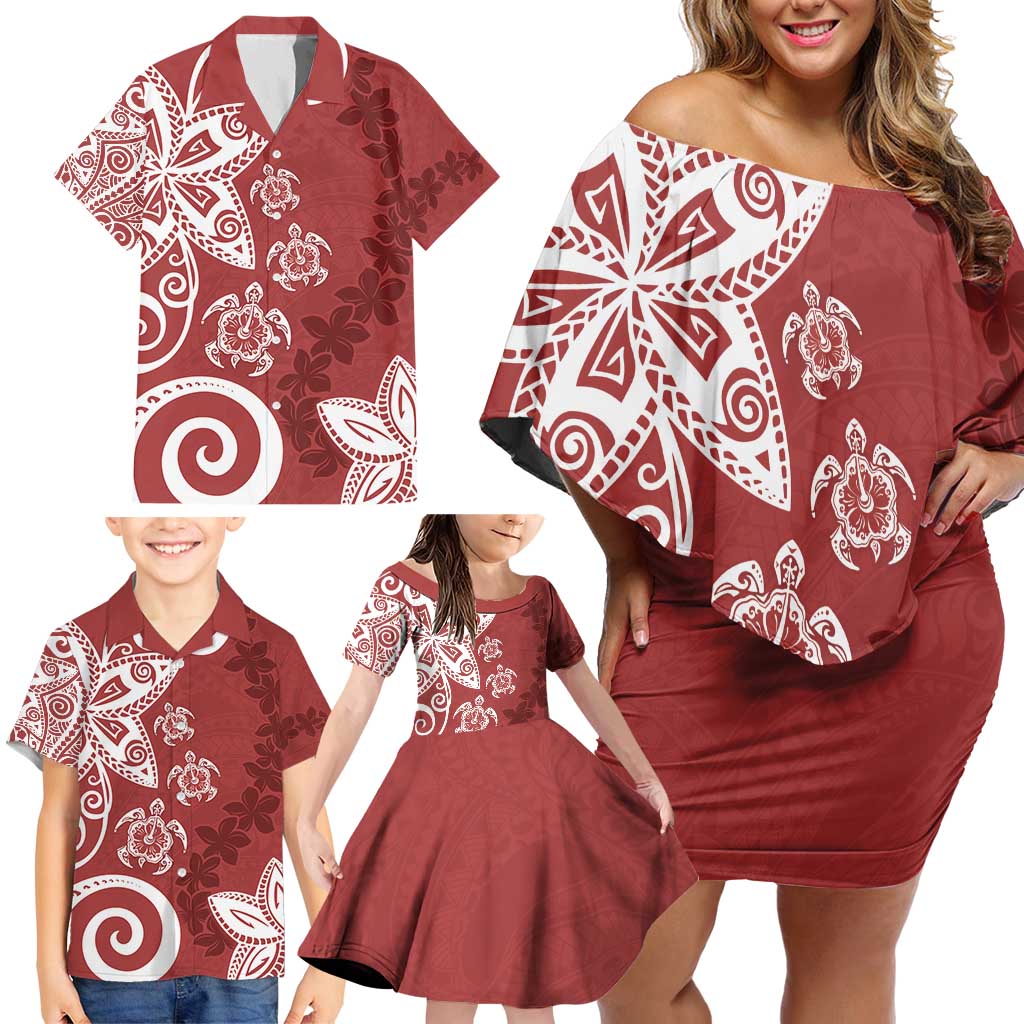Polynesia Family Matching Off Shoulder Short Dress and Hawaiian Shirt Red Tribal Turtle Floral Pattern LT05 - Polynesian Pride