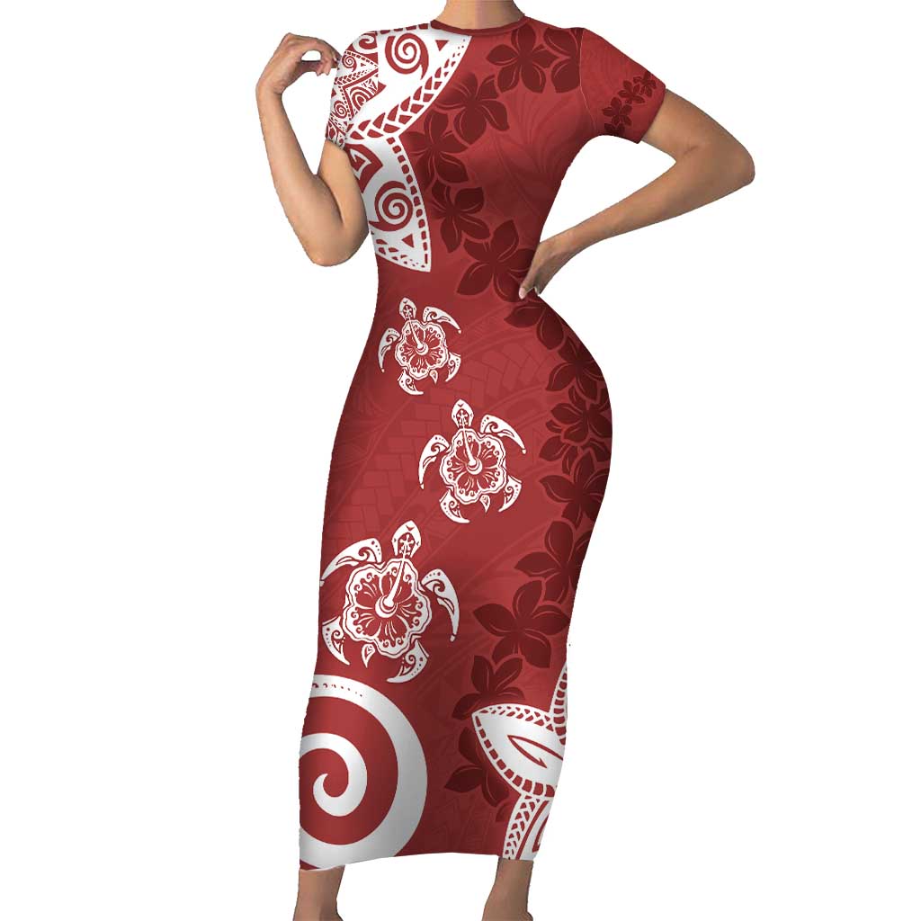Polynesia Family Matching Short Sleeve Bodycon Dress and Hawaiian Shirt Red Tribal Turtle Floral Pattern