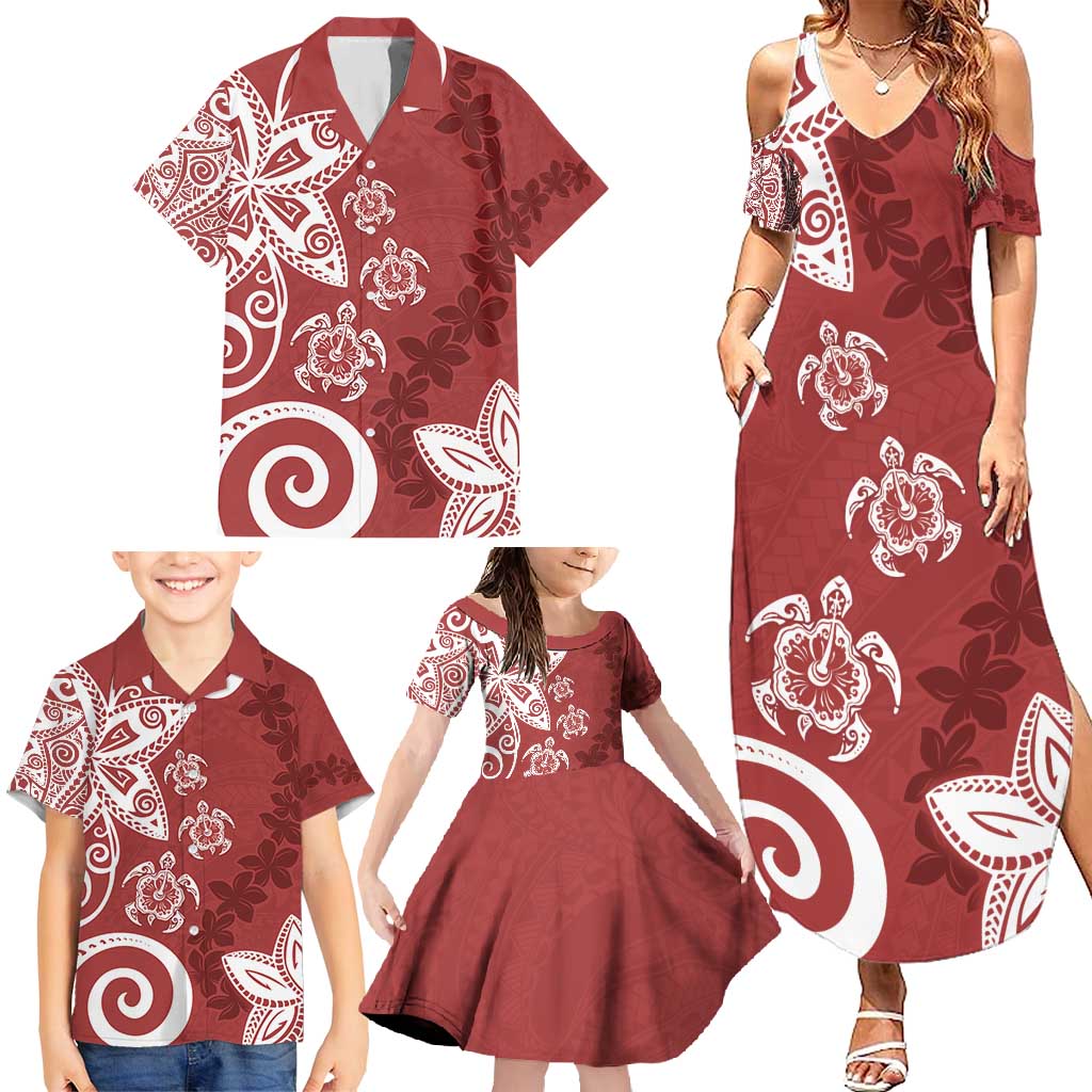 Polynesia Family Matching Summer Maxi Dress and Hawaiian Shirt Red Tribal Turtle Floral Pattern LT05 - Polynesian Pride