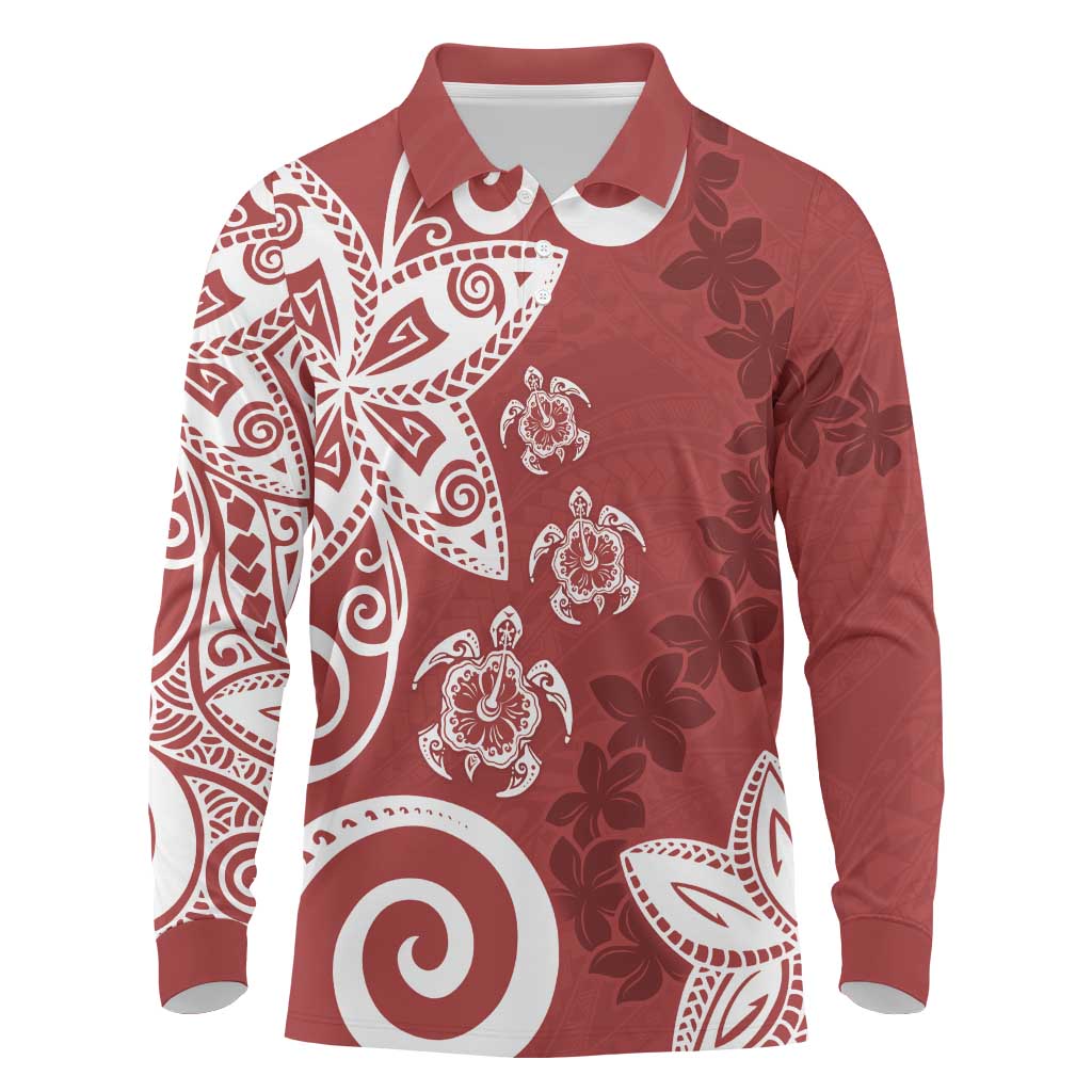 Polynesia Long Sleeve Polo Shirt Red Tribal Turtle Floral Pattern