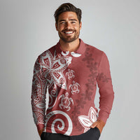 Polynesia Long Sleeve Polo Shirt Red Tribal Turtle Floral Pattern