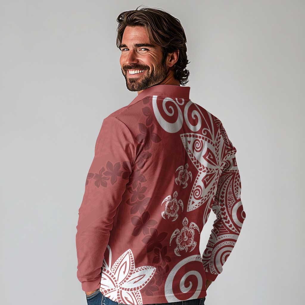 Polynesia Long Sleeve Polo Shirt Red Tribal Turtle Floral Pattern