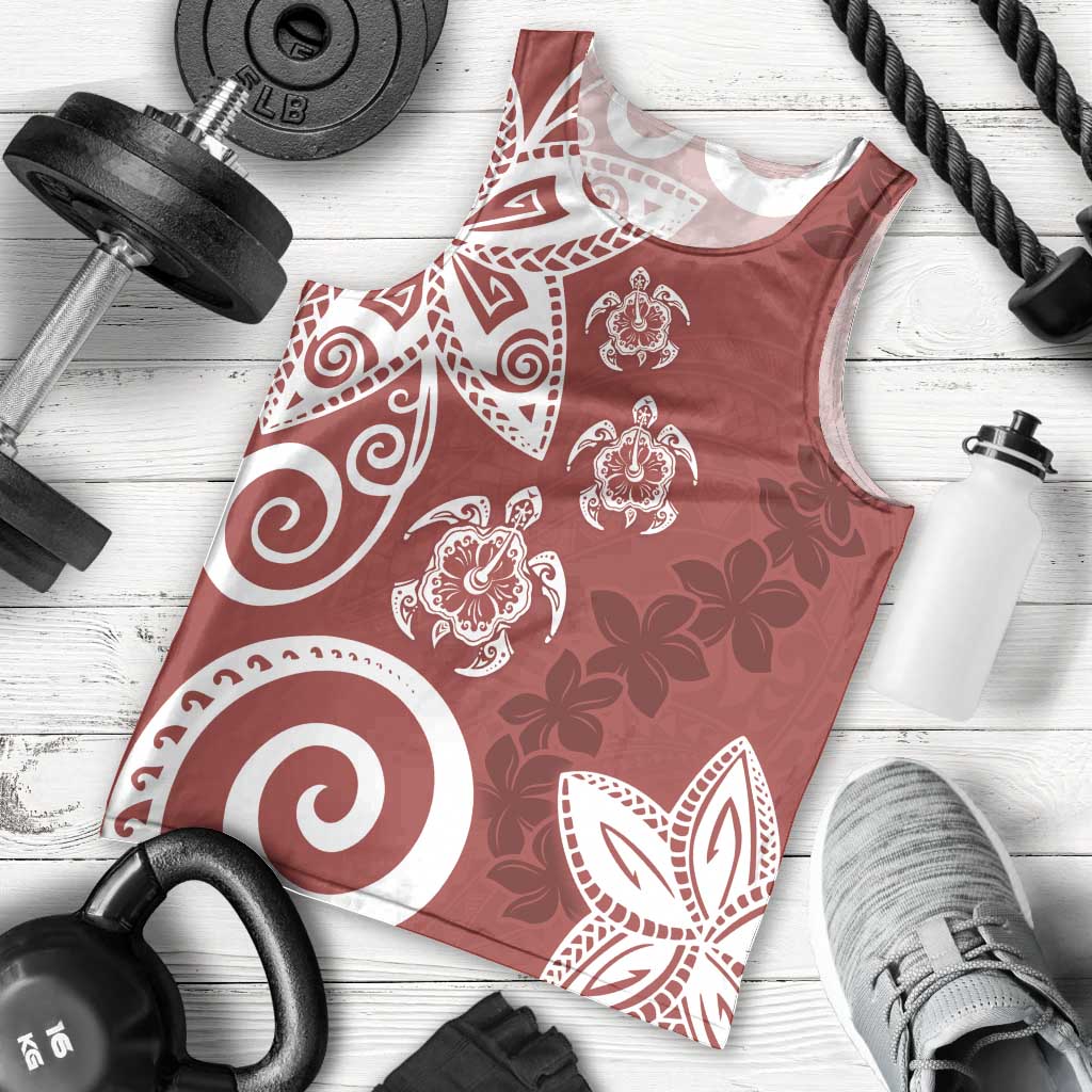 Polynesia Men Tank Top Red Tribal Turtle Floral Pattern