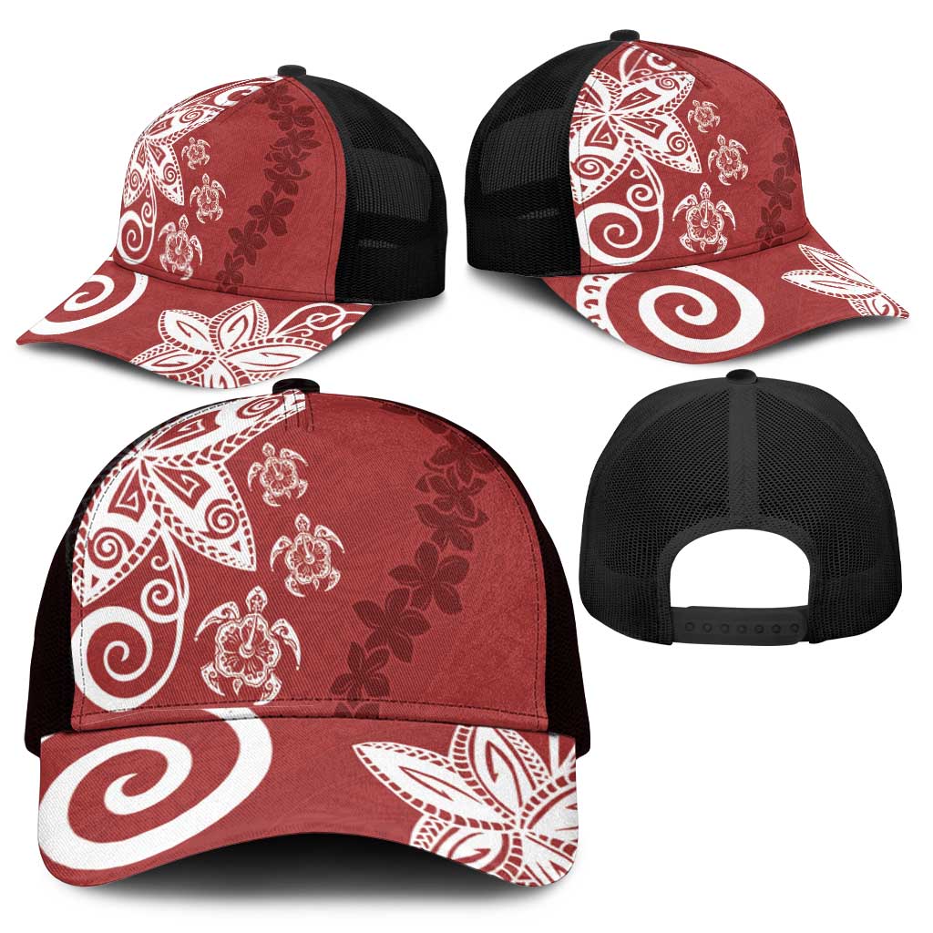 Polynesia Mesh Trucker Cap Red Tribal Turtle Floral Pattern - Polynesian Pride