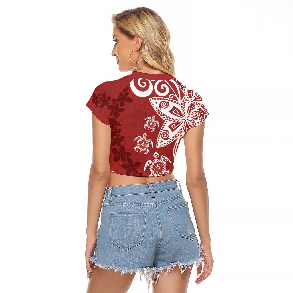 Polynesia Raglan Cropped T Shirt Red Tribal Turtle Floral Pattern