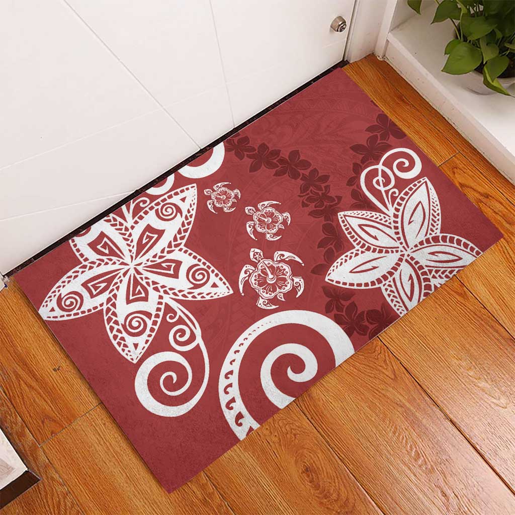 Polynesia Rubber Doormat Red Tribal Turtle Floral Pattern