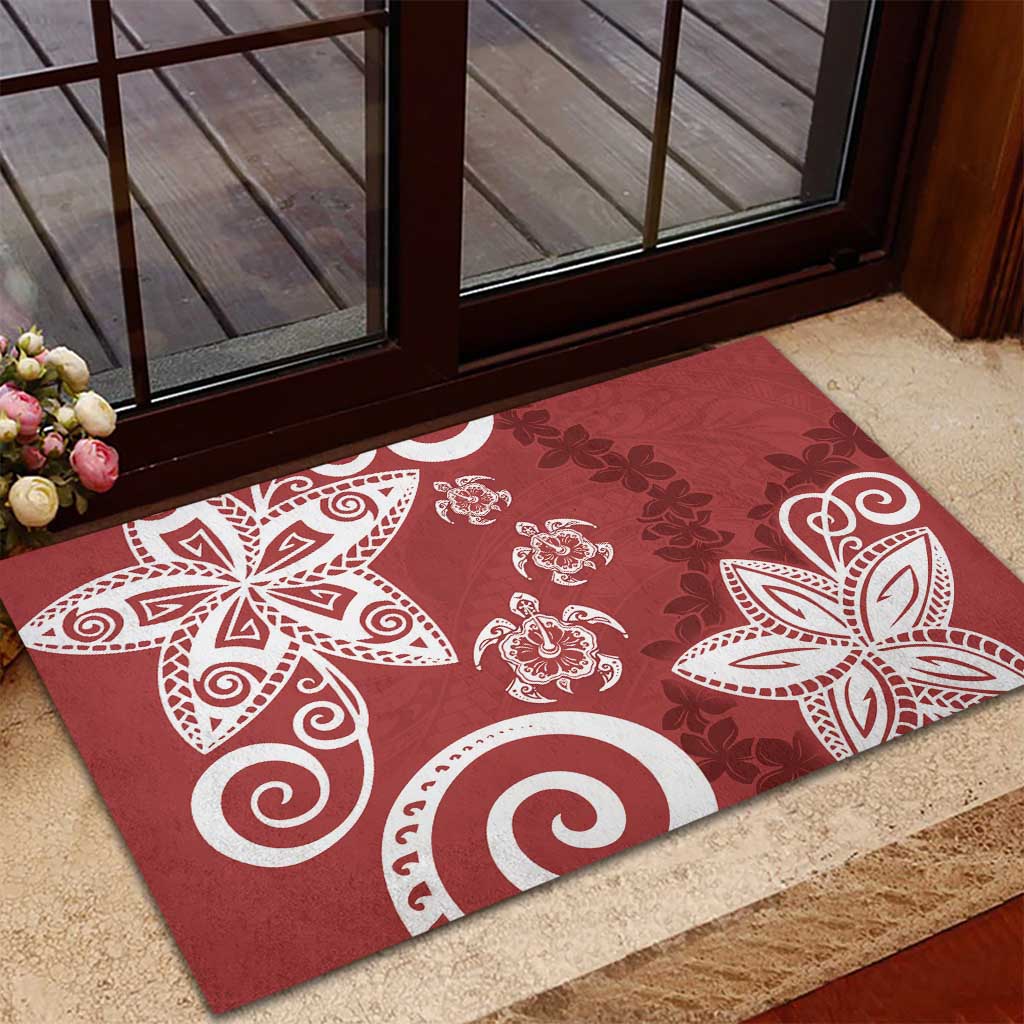 Polynesia Rubber Doormat Red Tribal Turtle Floral Pattern