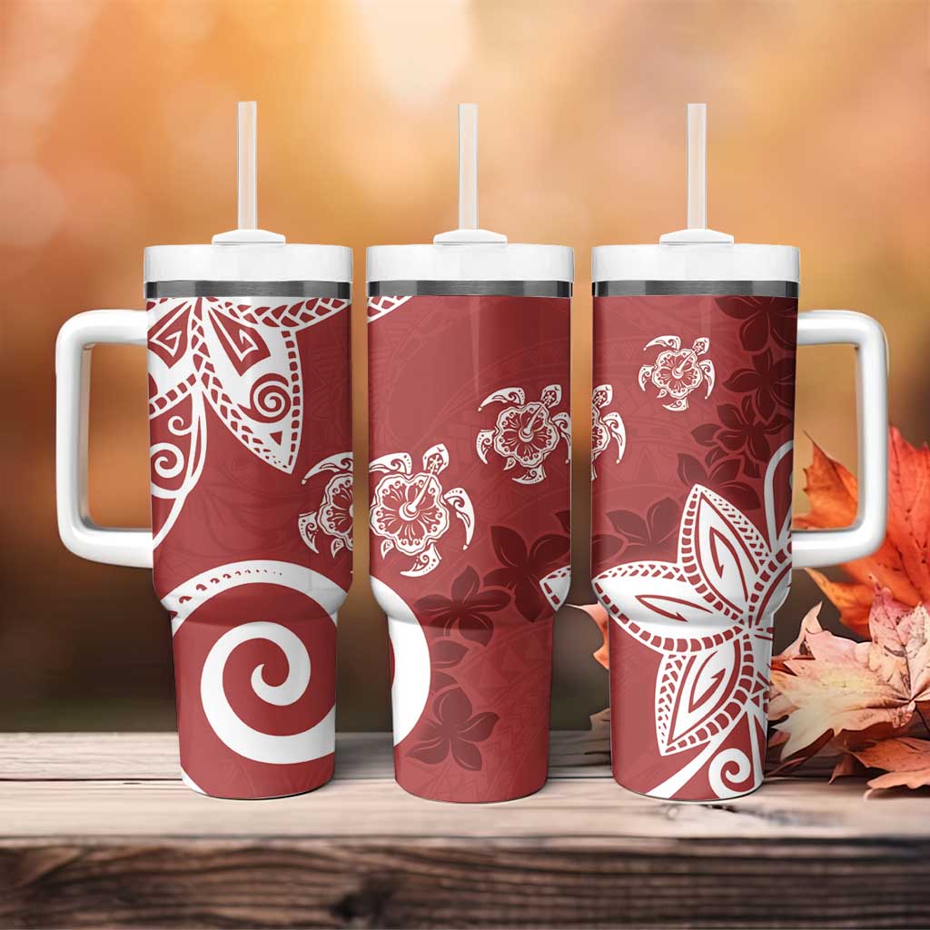 Polynesia Tumbler With Handle Red Tribal Turtle Floral Pattern