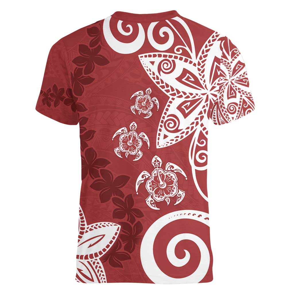 Polynesia Women V-Neck T-Shirt Red Tribal Turtle Floral Pattern