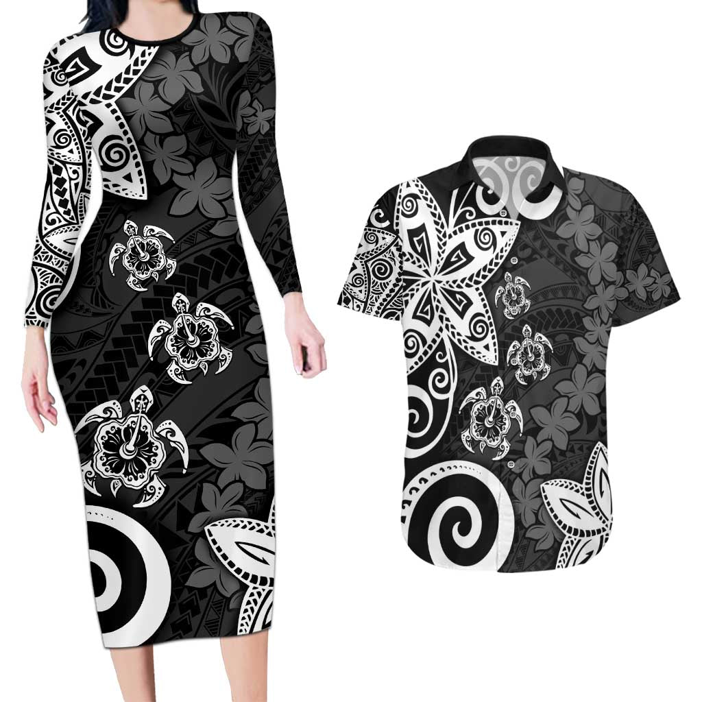 Polynesia Couples Matching Long Sleeve Bodycon Dress and Hawaiian Shirt Black Tribal Turtle Floral Pattern LT05 Black - Polynesian Pride