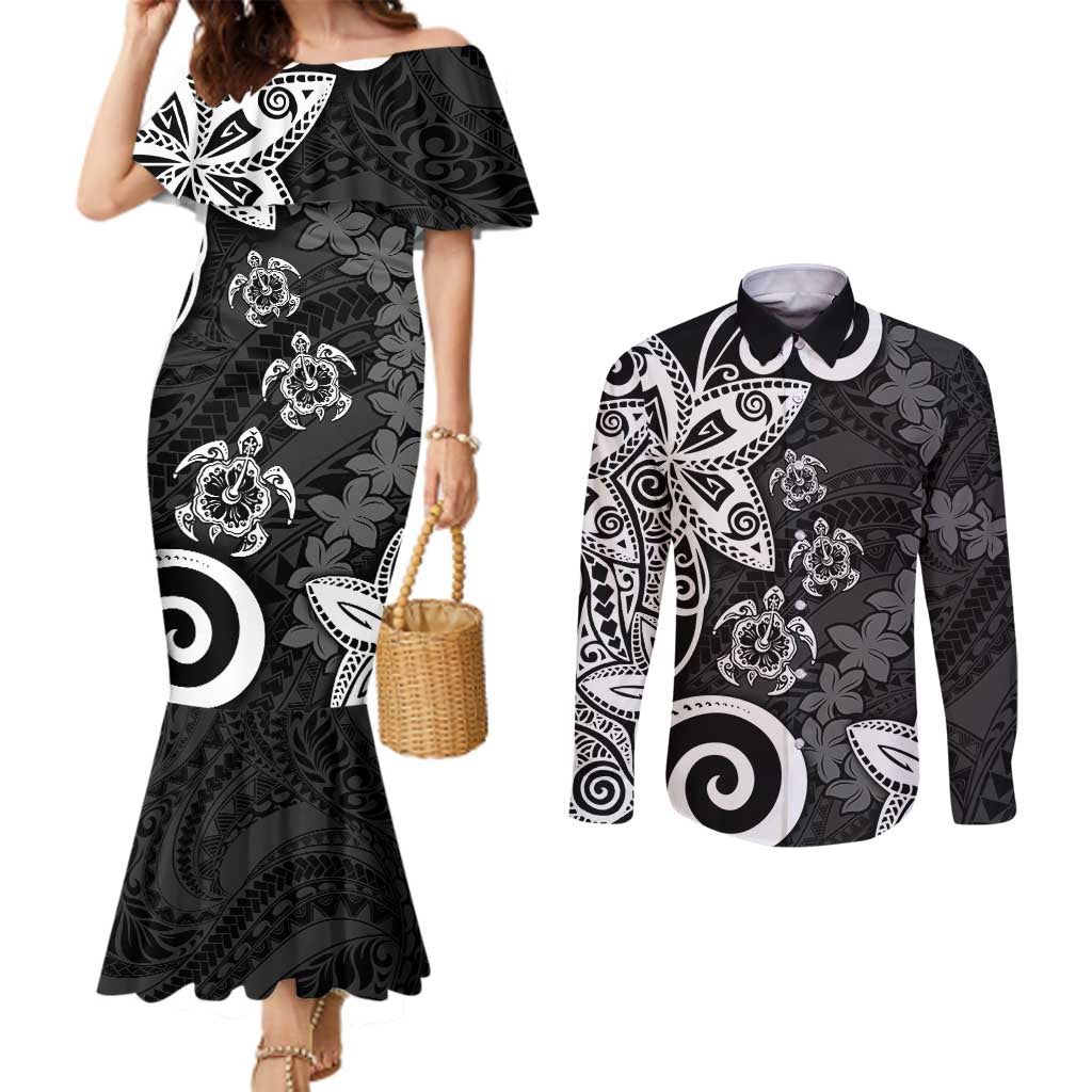 Polynesia Couples Matching Mermaid Dress and Long Sleeve Button Shirt Black Tribal Turtle Floral Pattern LT05 Black - Polynesian Pride