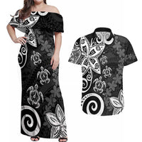Polynesia Couples Matching Off Shoulder Maxi Dress and Hawaiian Shirt Black Tribal Turtle Floral Pattern LT05 Black - Polynesian Pride