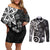 Polynesia Couples Matching Off Shoulder Short Dress and Long Sleeve Button Shirt Black Tribal Turtle Floral Pattern