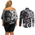 Polynesia Couples Matching Off Shoulder Short Dress and Long Sleeve Button Shirt Black Tribal Turtle Floral Pattern