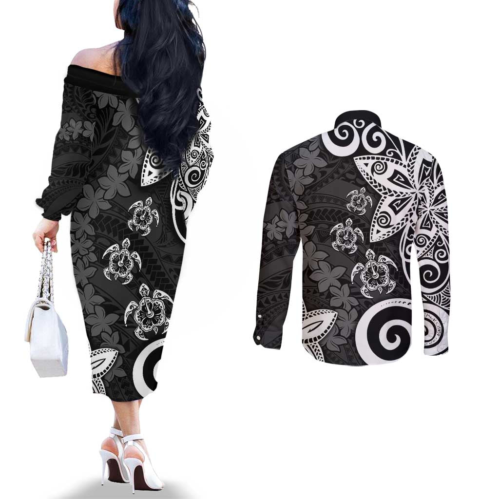 Polynesia Couples Matching Off The Shoulder Long Sleeve Dress and Long Sleeve Button Shirt Black Tribal Turtle Floral Pattern