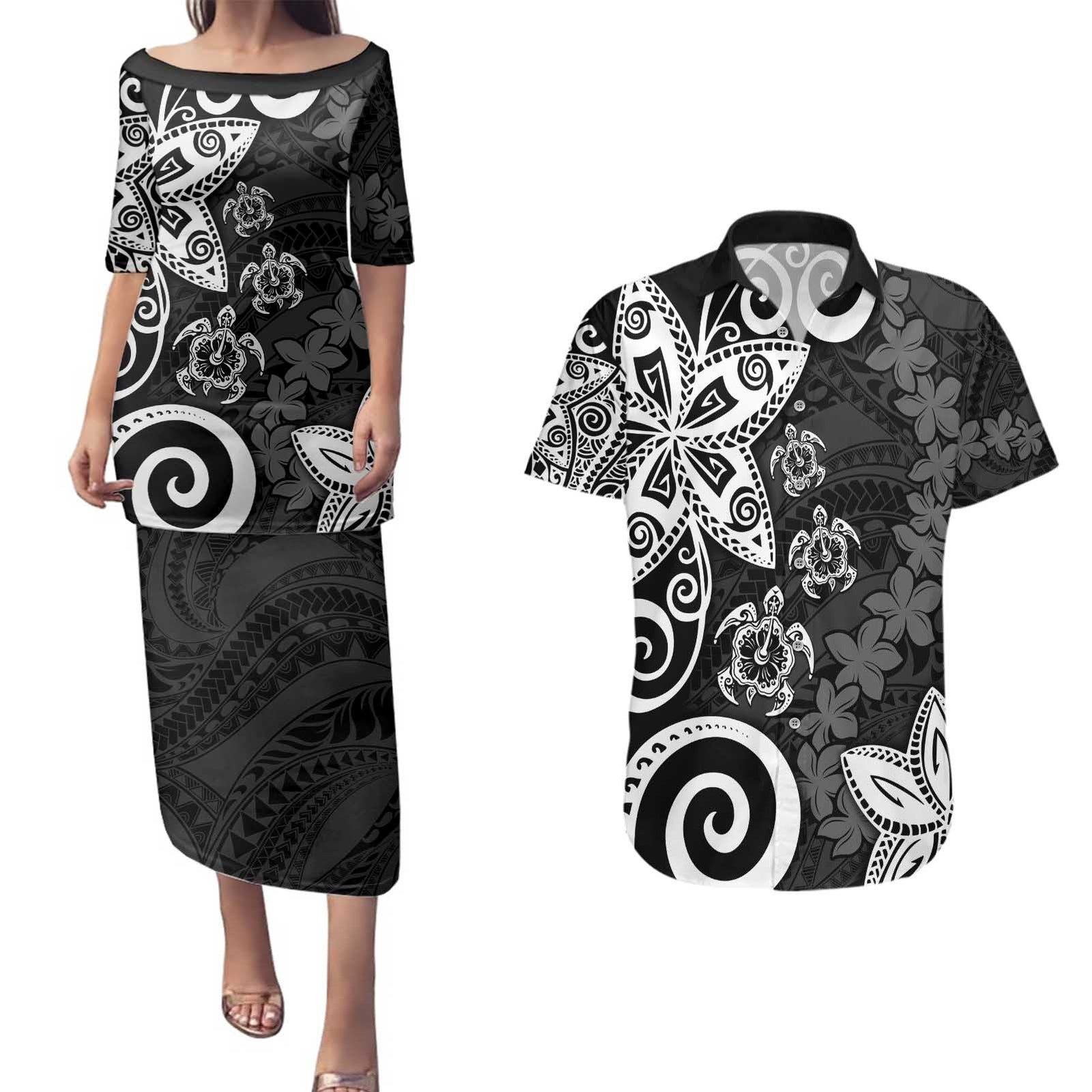 Polynesia Couples Matching Puletasi and Hawaiian Shirt Black Tribal Turtle Floral Pattern