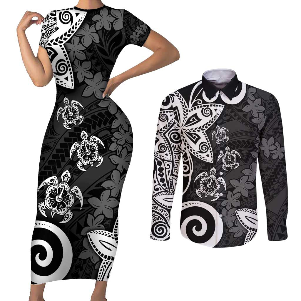 Polynesia Couples Matching Short Sleeve Bodycon Dress and Long Sleeve Button Shirt Black Tribal Turtle Floral Pattern LT05 Black - Polynesian Pride