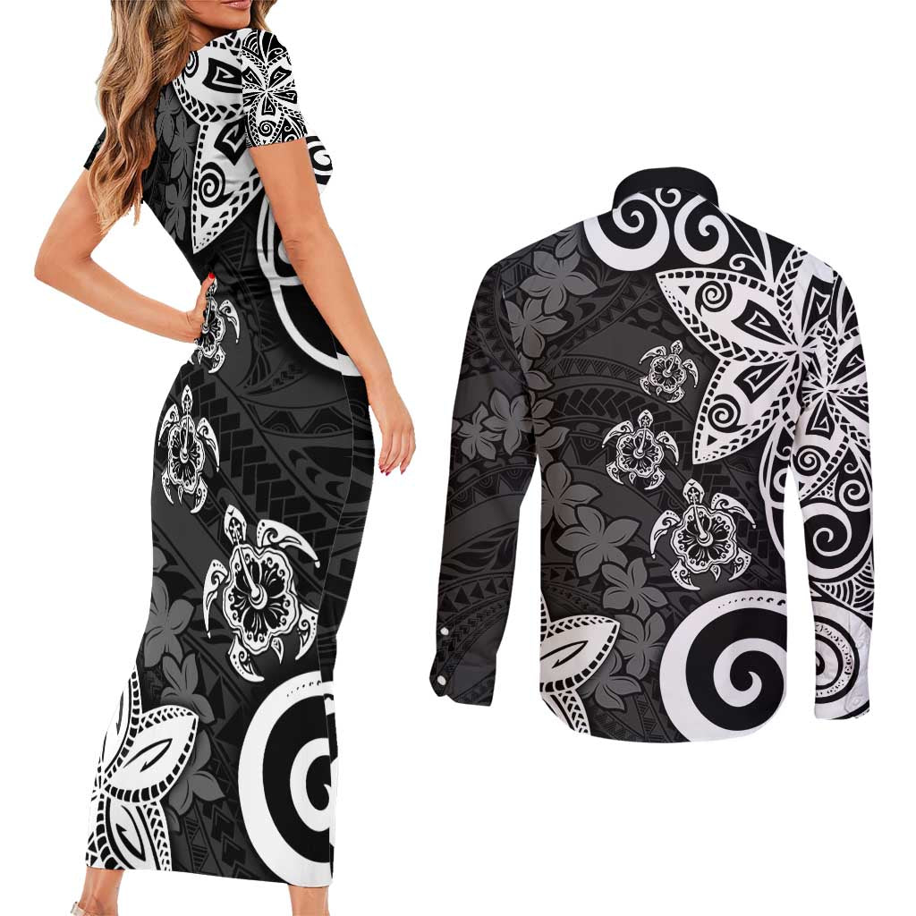 Polynesia Couples Matching Short Sleeve Bodycon Dress and Long Sleeve Button Shirt Black Tribal Turtle Floral Pattern
