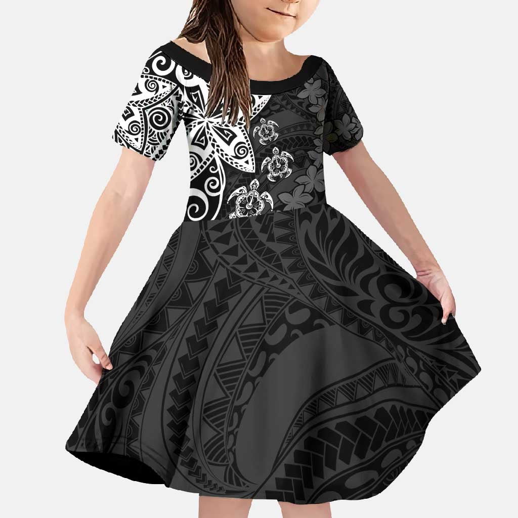 Polynesia Family Matching Long Sleeve Bodycon Dress and Hawaiian Shirt Black Tribal Turtle Floral Pattern LT05 Daughter's Dress Black - Polynesian Pride
