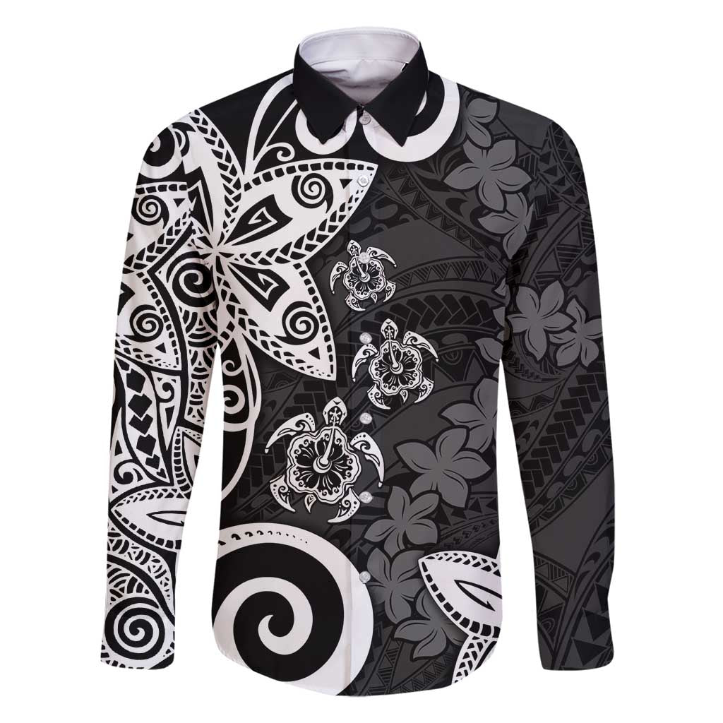 Polynesia Family Matching Long Sleeve Bodycon Dress and Hawaiian Shirt Black Tribal Turtle Floral Pattern LT05 Dad's Shirt - Long Sleeve Black - Polynesian Pride