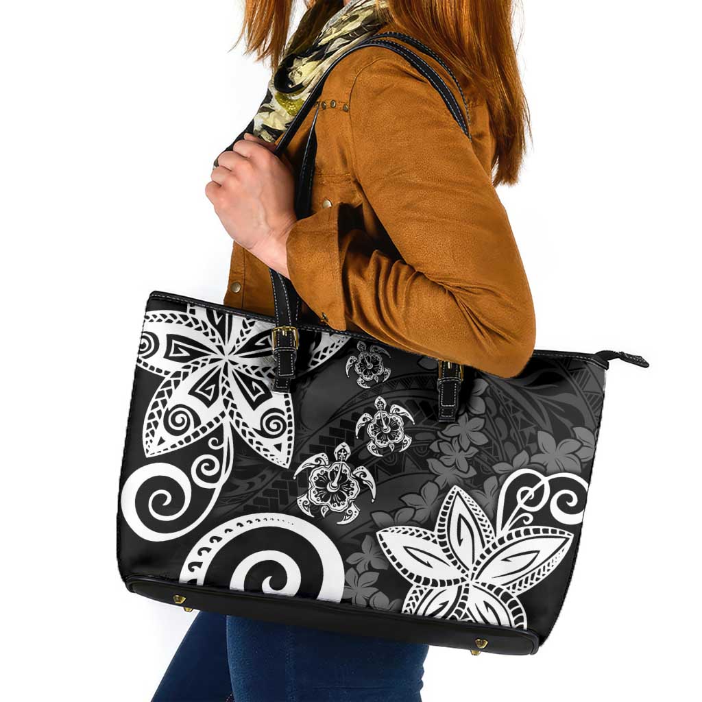 Polynesia Leather Tote Bag Black Tribal Turtle Floral Pattern LT05 Black - Polynesian Pride
